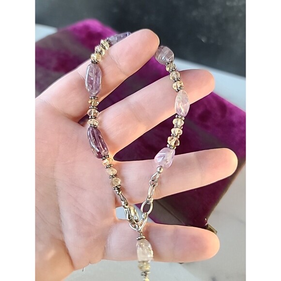 925 Sterling Silver Amethyst And Tourmaline Adjustable Beaded Bracelet Vintage - Picture 2 of 10